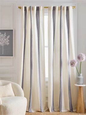 NWT QUINCE Set Of 2 48x96 Coastal Stripe Linen Cotton Curtains Ivory/Navy 9233